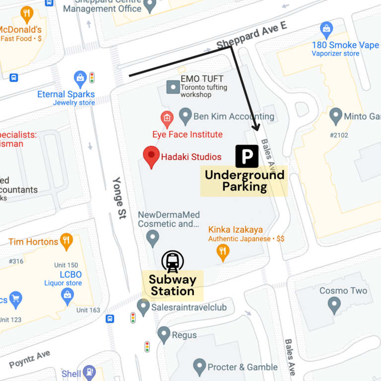 Hadaki Studios Location in Toronto with convenient parking and subway map.