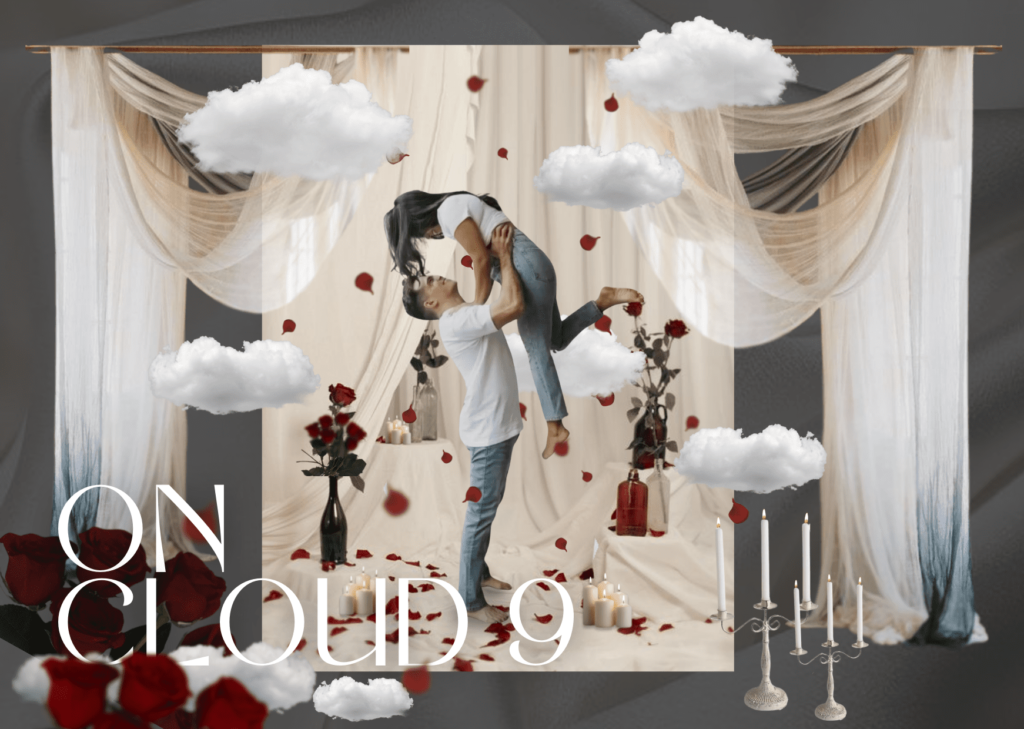 Our ethereal setup includes floating clouds and a cloud chair, where you can sit with your loved one, wrapped in the beauty of your own special moment. The installation is adorned with red roses & petals, ivory curtains, satin sheets, and a heart cake prop, creating a setting that’s both intimate and luxurious.