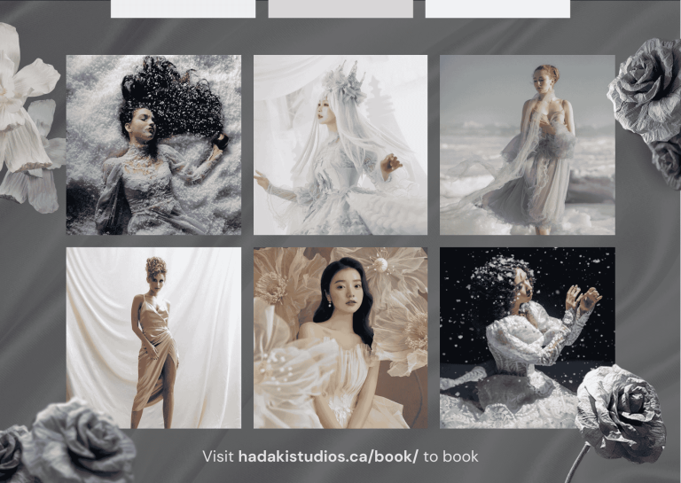 Models in ethereal gowns posing in a serene winter photoshoot setting with snow, soft drapery, and giant white flowers.